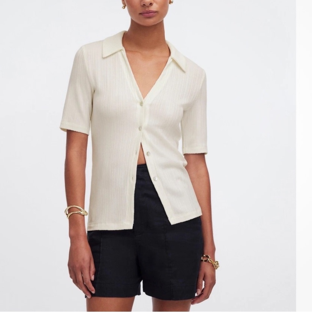 Madewell Cream Short Sleeve Button-Down Ribbed Top